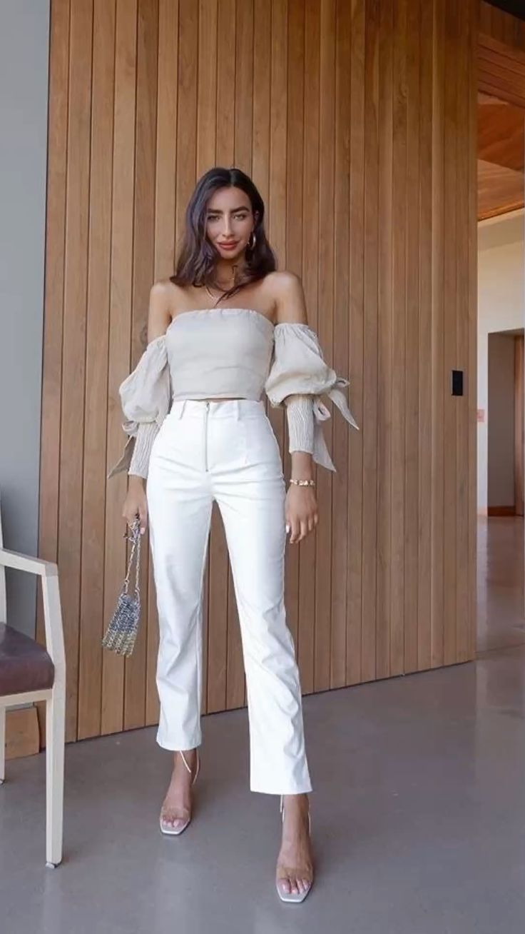 Beige Top and White Pants for a Baby Shower